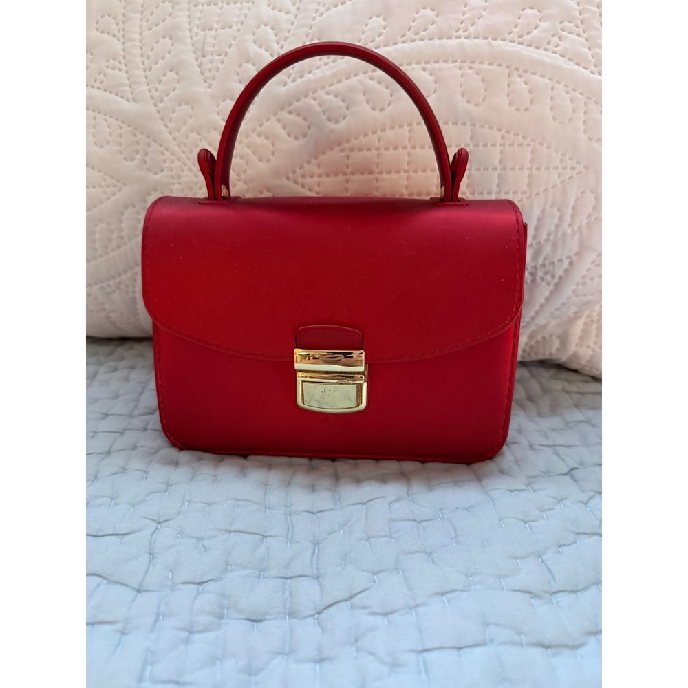 Red Mini Top Handle Crossbody Bag Rubber-Like Structured Purse